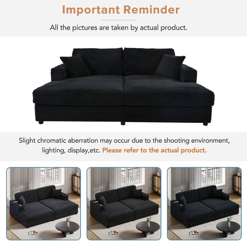 86.5" Corduroy Chaise Lounge Sofa with 2 USB Ports, Cup Holders, and 550lb Capacity