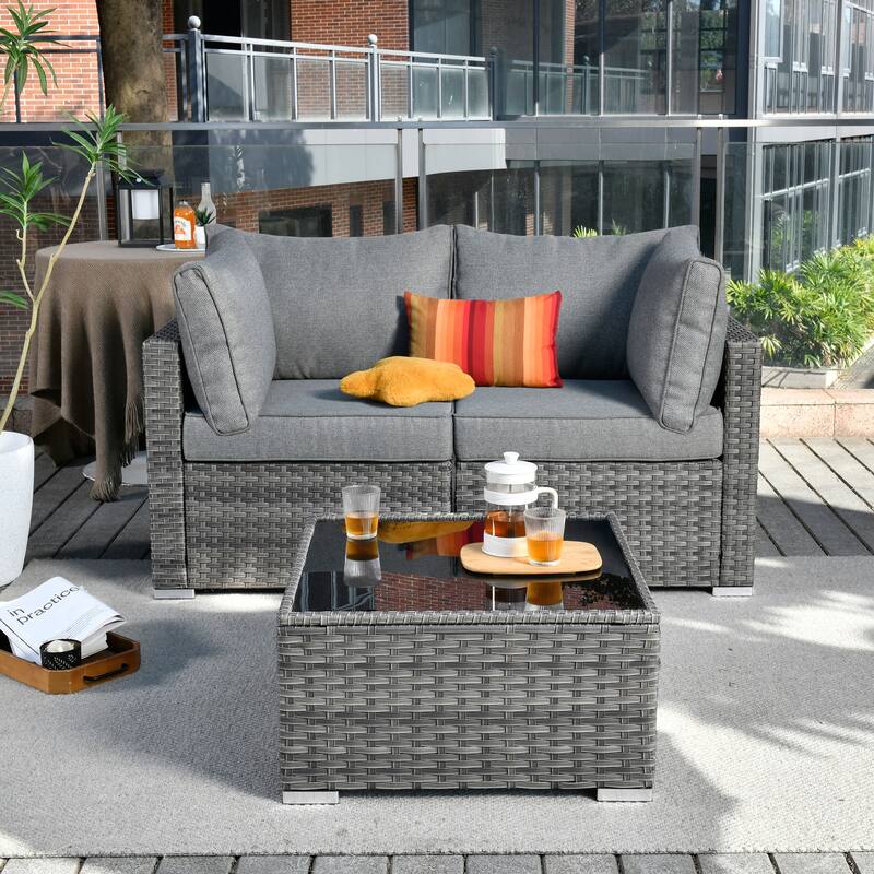 HOOOWOOO 3-piece Patio Wicker Outdoor Sofa Set with Coffee Table - Dark Grey