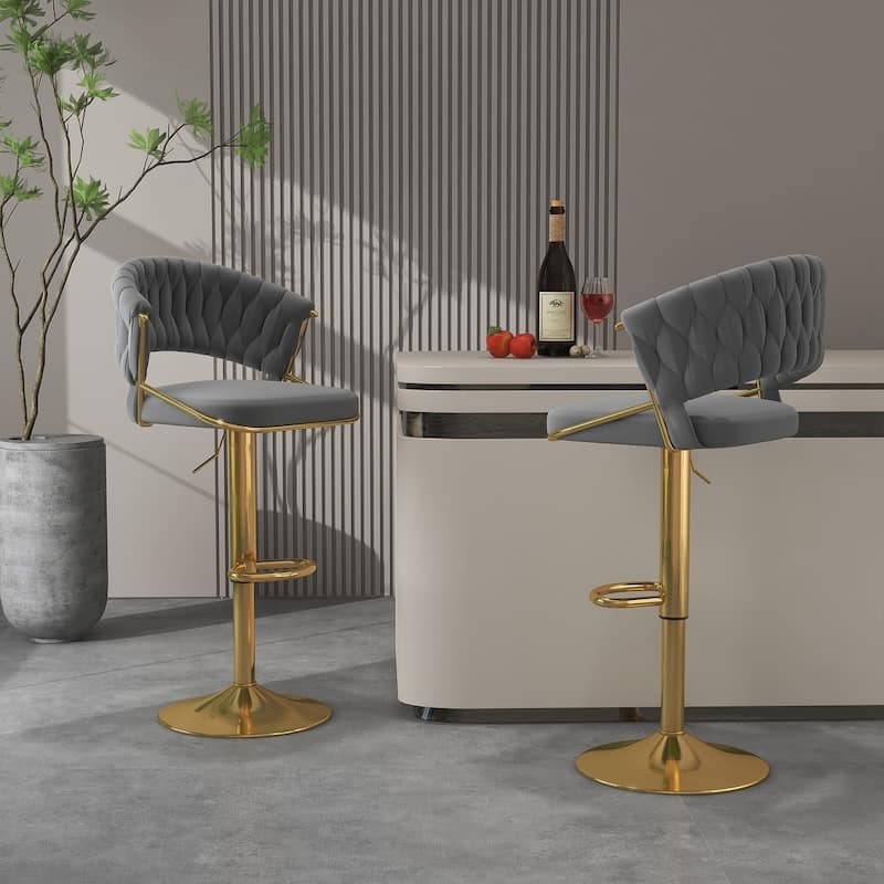 2/4 Set Velvet Adjustable Counter Stools Swivel Bar Stools With Backs - 24"-33" - Set of 2 - Grey-Gold Leg