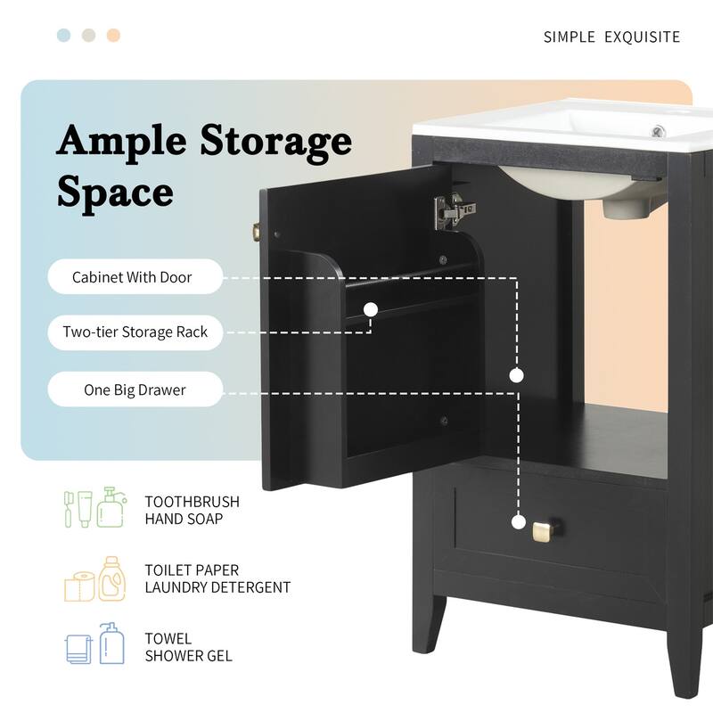 20" Bathroom Storage Vanity Cabinet with Ceramic Sink, Rack and Drawer