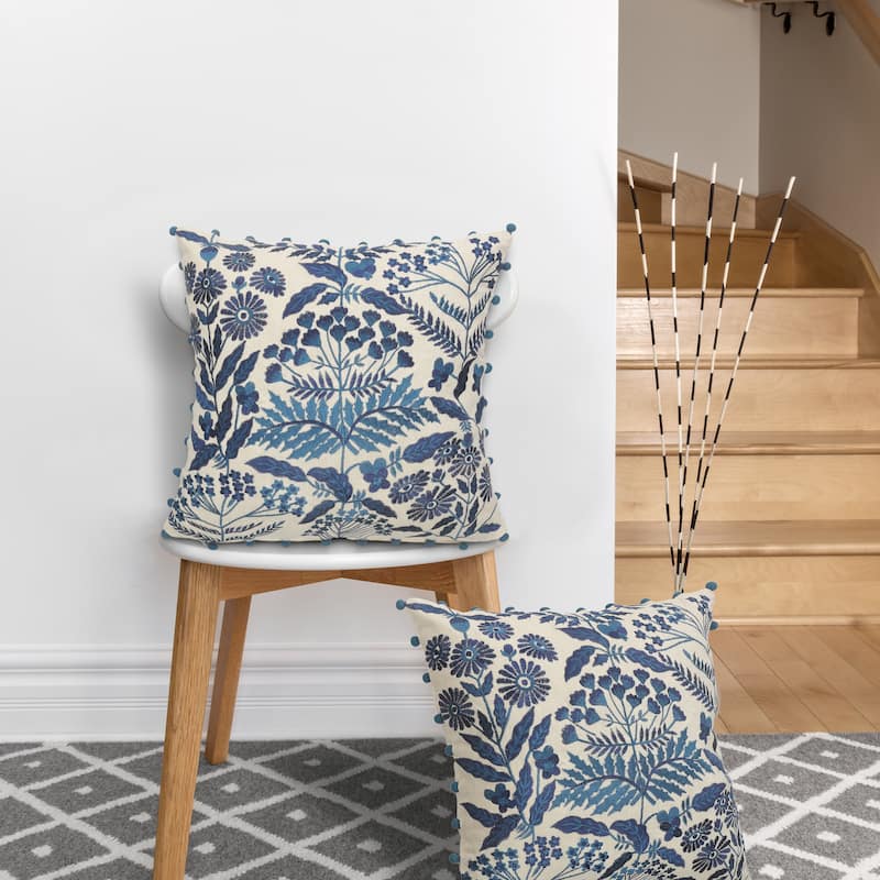 Sevita Dyna Bohemian Floral White/Navy Embroidered Throw Pillow