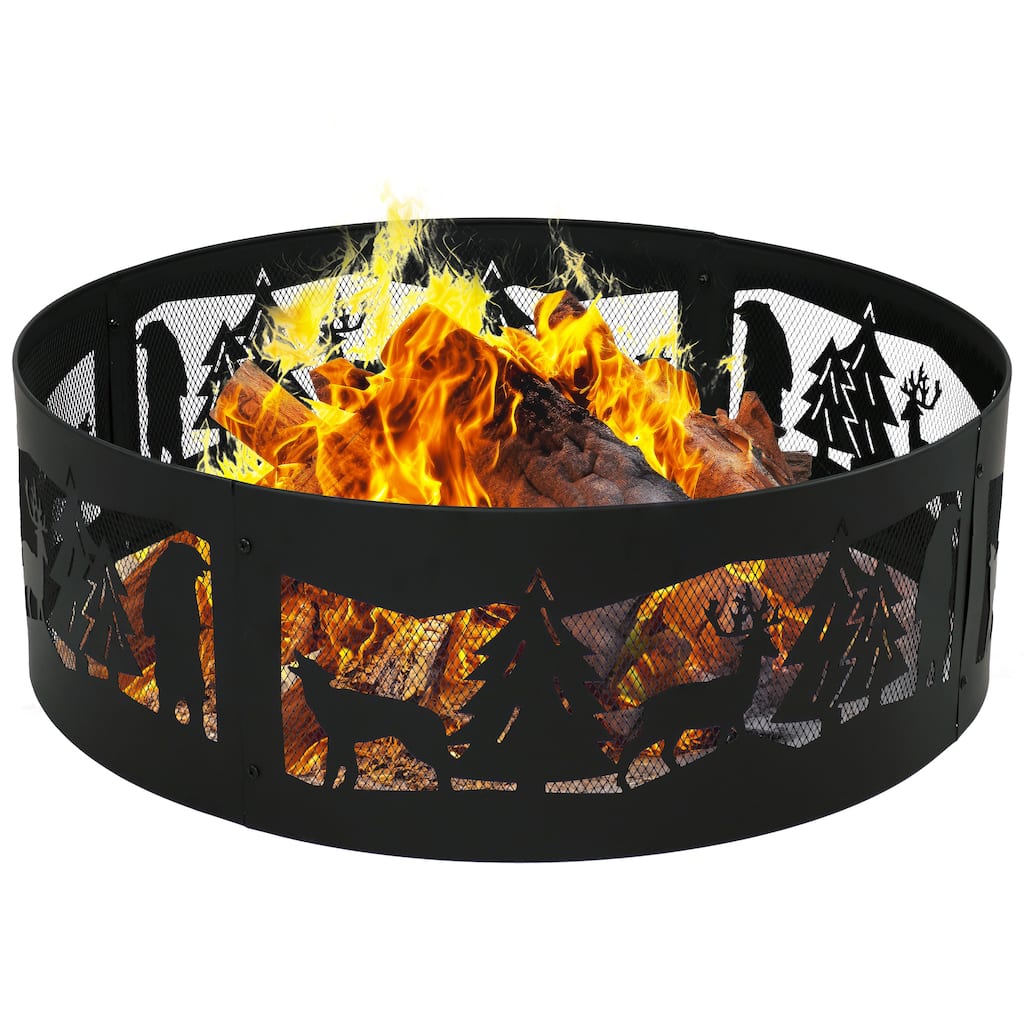 Forest Wilderness Black Steel Fire Pit Ring with Cutouts - 36"