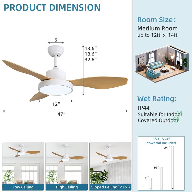 Sofucor 46''/47'' Strong Airflow High CFM Ceiling Fans with Lights and Remote Bedroom Noiseless ETL Fans