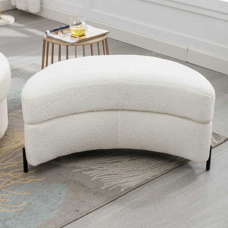 32.7" W Sherpa Upholstered Half Crescent Moon Storage Bench Large Ottoman With Tray Serve As Side Table Soft Padded Seat