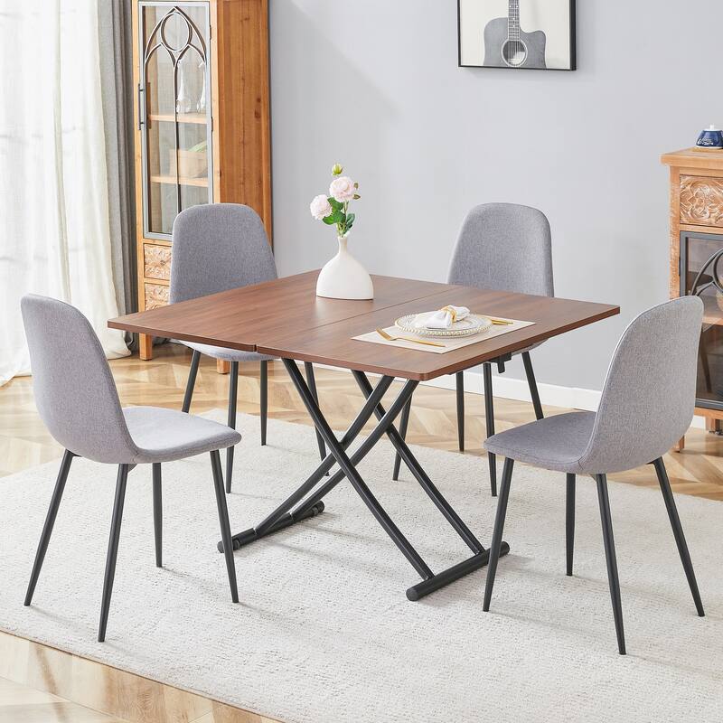 5-Piece Modern Lift Top Dining Table Set, Square Folding Wood Table with Metal Legs & 4 Linen Chairs for Small Spaces