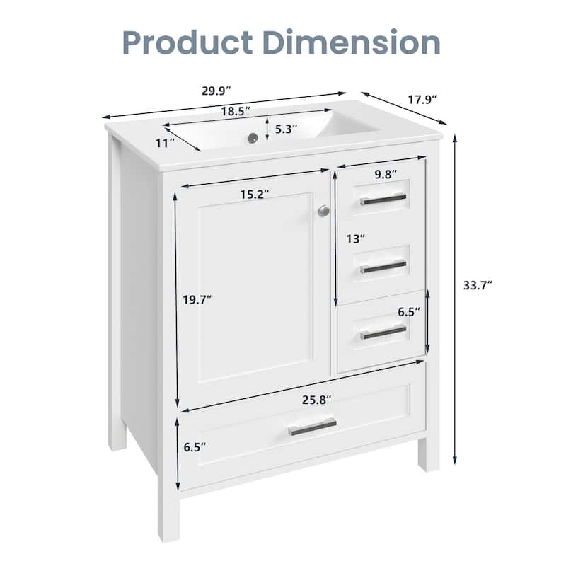 EROMMY All-in-One Bathroom Vanity with Ceramic Sink, Soft-Close Storage Cabinet & Drawer, Glossy Countertop, White