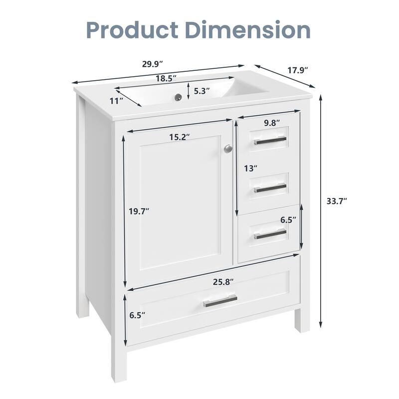 Modern Bathroom Vanity with Ceramic Sink, Soft-Close Storage Cabinet and Glossy Easy-Clean Countertop