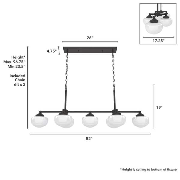 dimension image slide 4 of 5, Hunter Saddle Creek Linear Chandelier, Clear Glass, Dining Room Table, Kitchen Island