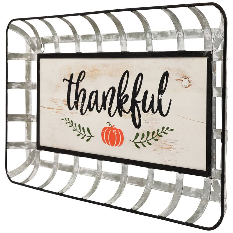 24" Silver and White With a Pumpkin "Thankful" Rectangular Fall Serving Tray Sign