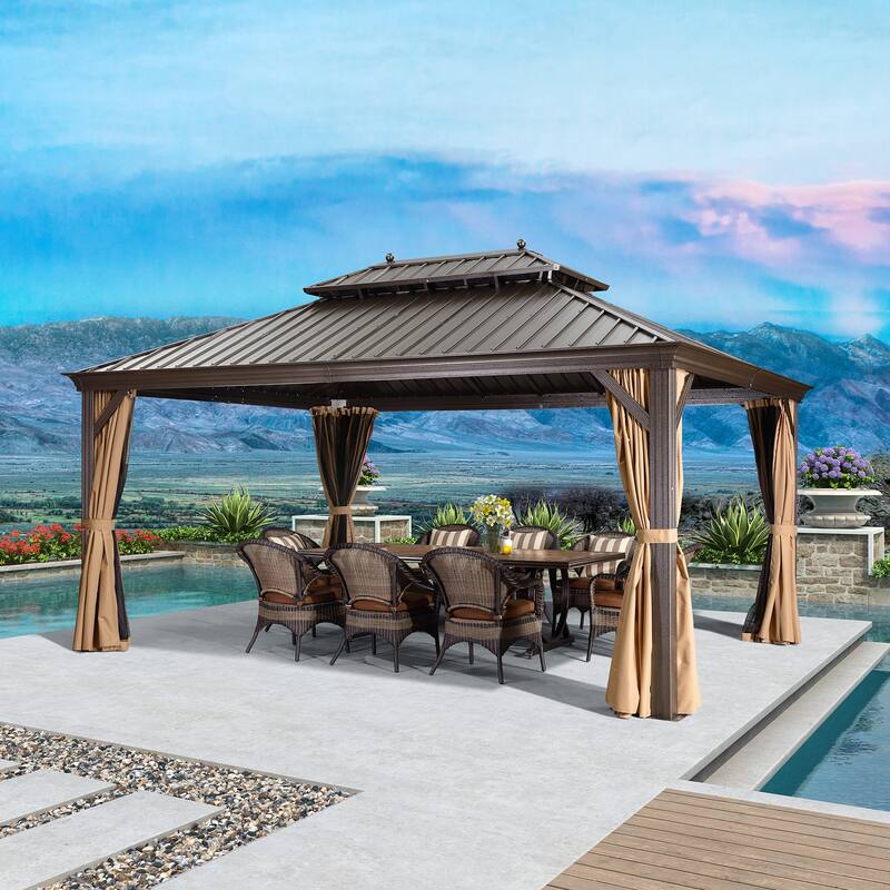 PURPLE LEAF Outdoor Gazebo Aluminum Frame Galvanized Steel Hardtop Gazebo - 12' x 16' (Hot Sale) - Beige