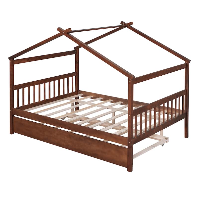 Creativity House Bed Twin/ Full Size Frame with Trundle for Boys Girls, Wood Platform Bed with Roof No Box Spring Needed