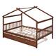 Walnut Full Size Wooden House Bed w/ Twin Size Trundle Bed Frame - Bed ...