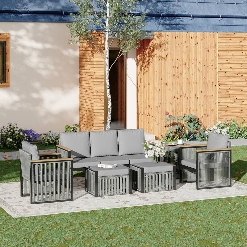 EROMMY Outdoor Patio Furniture Sets - 5/6/7 Piece All-Weather Conversation Sets withTable & Ottoman, Sectional Sofa & Chairs. - 6 PCS - Sofa & 2 Chairs & 2 Ottomans & Side Table - Grey