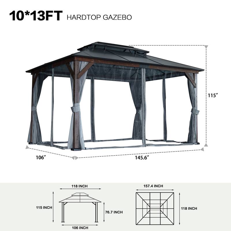 10' x 13' Hardtop Wood Gazebo for Patios - Black
