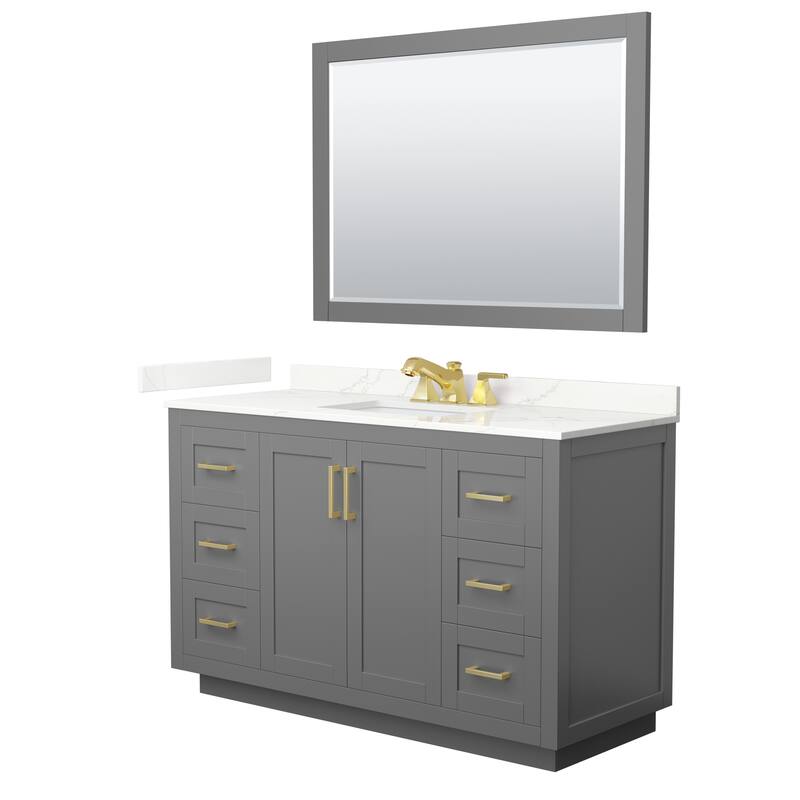 Miranda 54-inch Single Vanity, Quartz Top, 46-inch Mirror - Dark Gray, Gold Trim, Giotto Quartz Top
