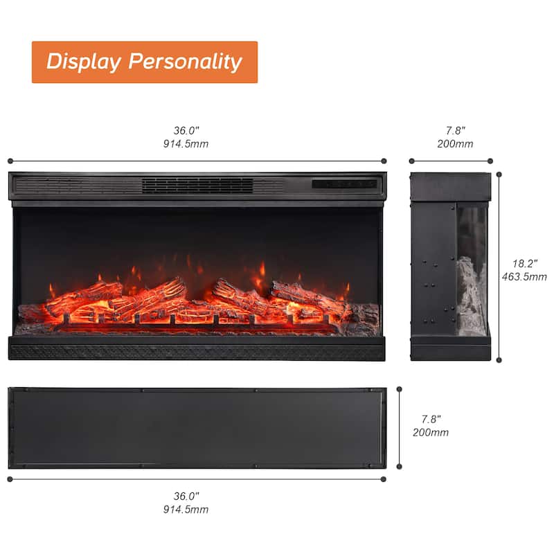 WAMPAT 36 inch 3 Sided Glass Electric Fireplace Insert，Black