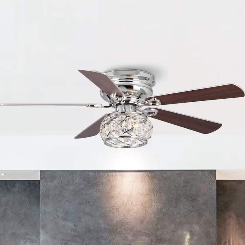 48" Chrome Wooden 5-Blade Crystal Flush Mount Ceiling Fan with Remote