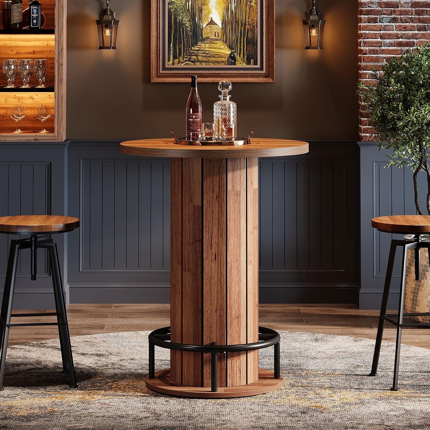 39.4" H Wood Round Bar Bistro Pub Cocktail Table with Metal Footrest