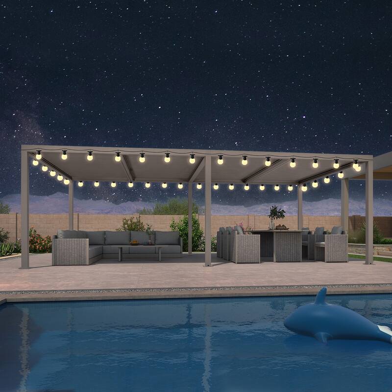 PURPLE LEAF Louvered Pergola with Solar Lights Hardtop Gazebo for Patio - 12' x 24' - Champagne