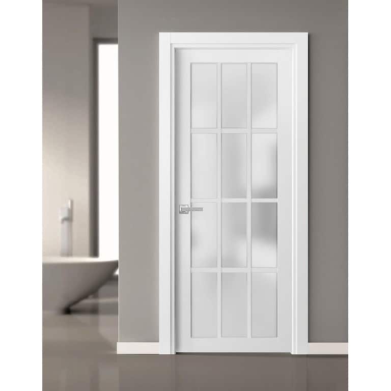 Solid French Door Frosted Glass 12 Lites / Felicia 3312 White Handle