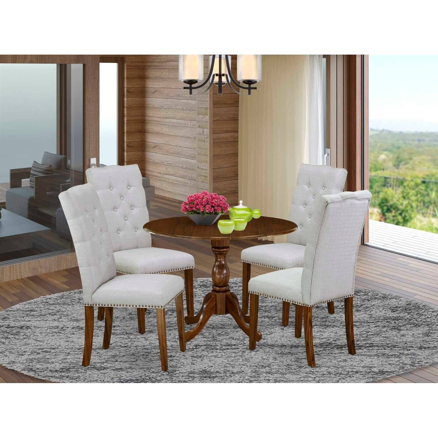 HomeStock 5-Piece Antique Walnut Finish Solid Wood Top Dining table with 4 Chairs with Drop Leaf Lattice Back