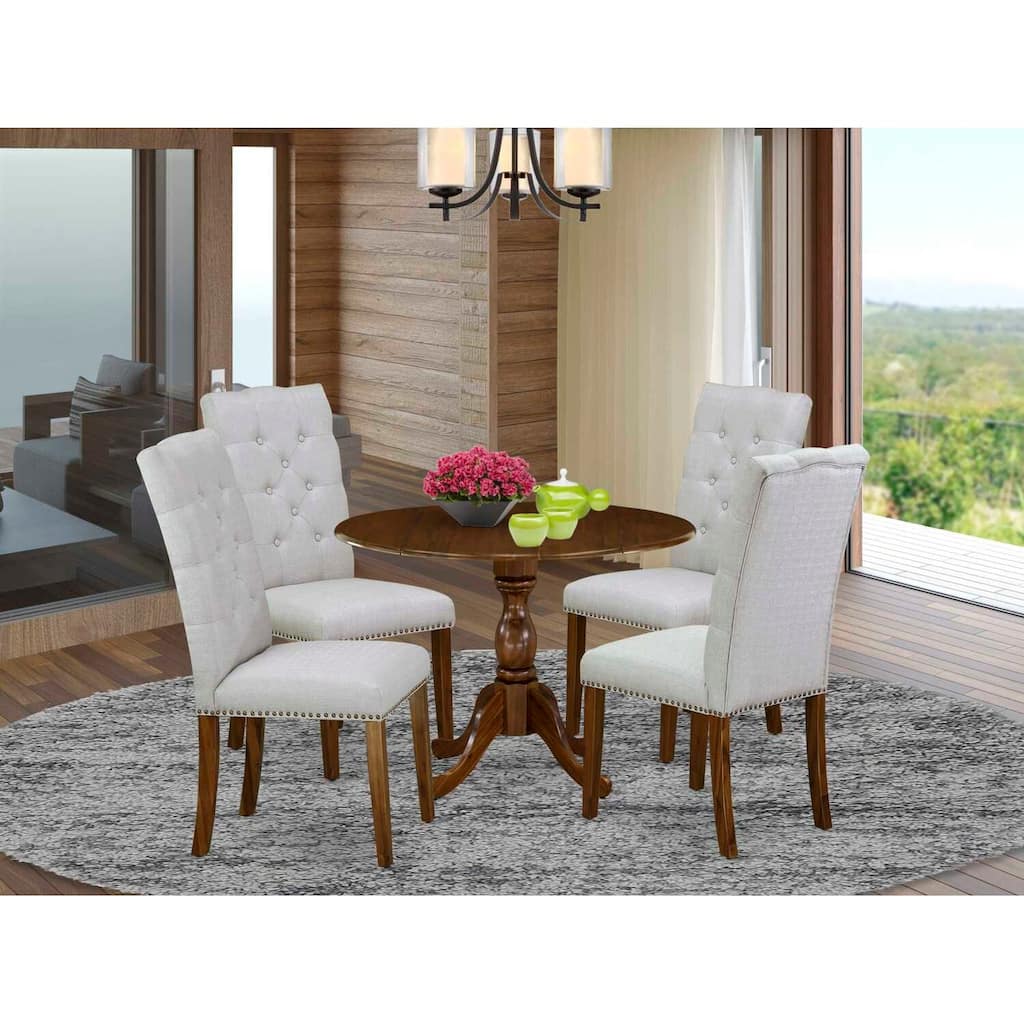 HomeStock 5-Piece Antique Walnut Finish Solid Wood Top Dining table with 4 Chairs with Drop Leaf Lattice Back