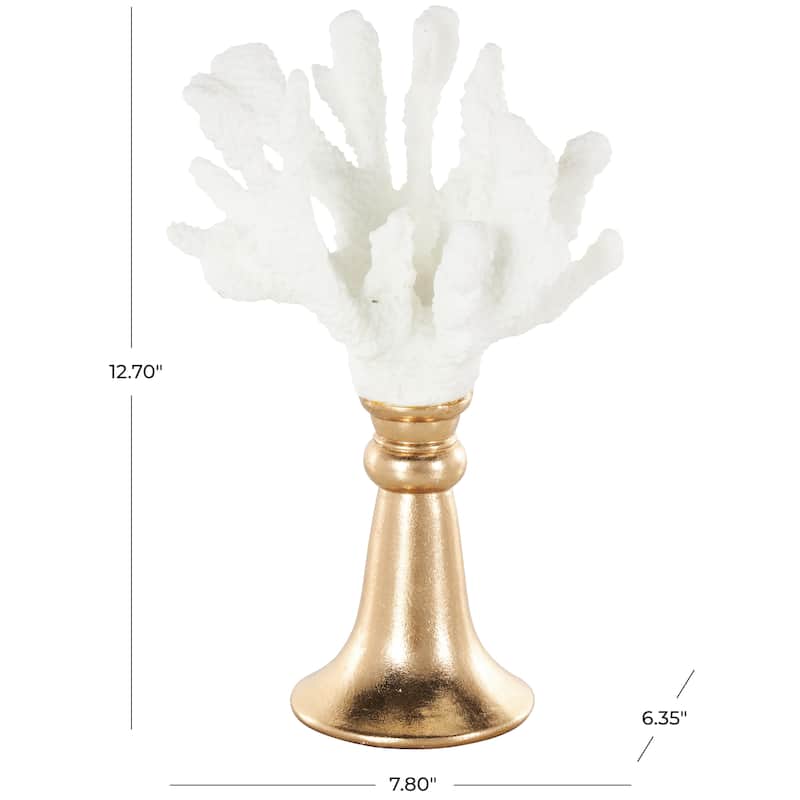 White Resin Textured Coral Decorative Sculpture with Round Copper Base - 6"W x 8"L x 13"H