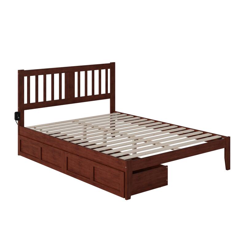 Southwestern Bed with USB Charger & Drawers - Mission Style, Walnut Finish, No Box Spring Needed