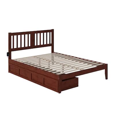 Southwestern Bed with USB Charger & Drawers - Mission Style, Walnut Finish, No Box Spring Needed