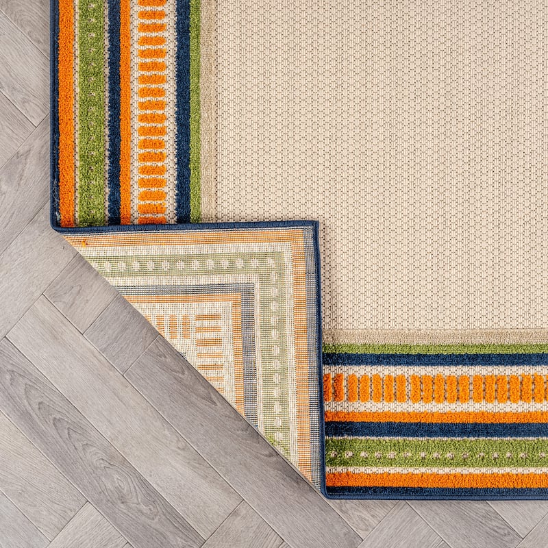 World Rug Gallery Indoor/Outdoor High-Low Textured Area Rug, Coastal Border Easy-Clean Patio Rug