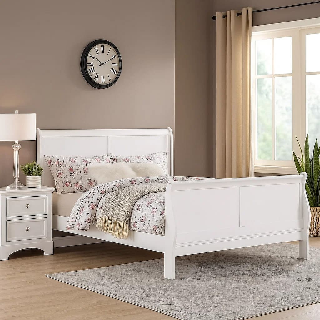 Transitional Panel Design Sleigh Eastern King Size Bed, White