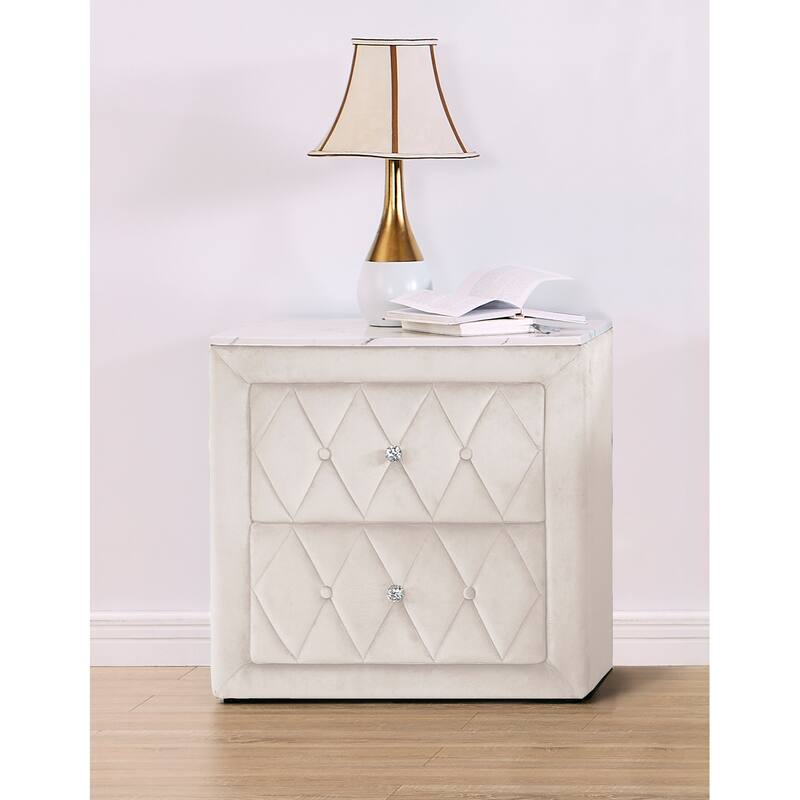 1pc Ivory Nightstand Upholstery Fabric Faux Marble Top Two Storage Drawers Wooden Bedroom Furniture - Ivory