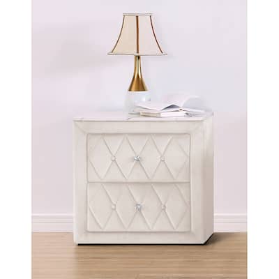 1pc Ivory Nightstand Upholstery Fabric Faux Marble Top Two Storage Drawers Wooden Bedroom Furniture
