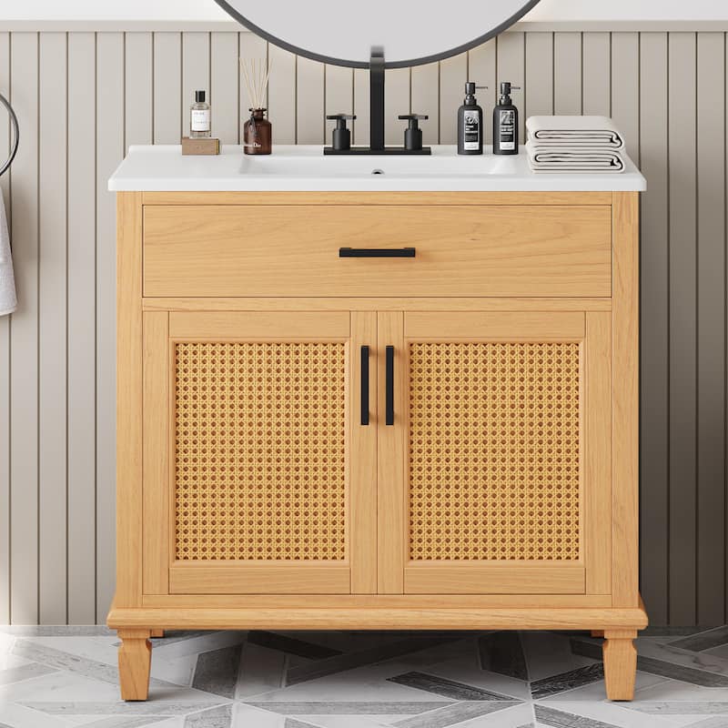 36"Bathroom Vanity with Sink, 2 Soft Close Doors and 3 Drawers, Free-standing Vanity with Wood Legs and Large Storage - Natural