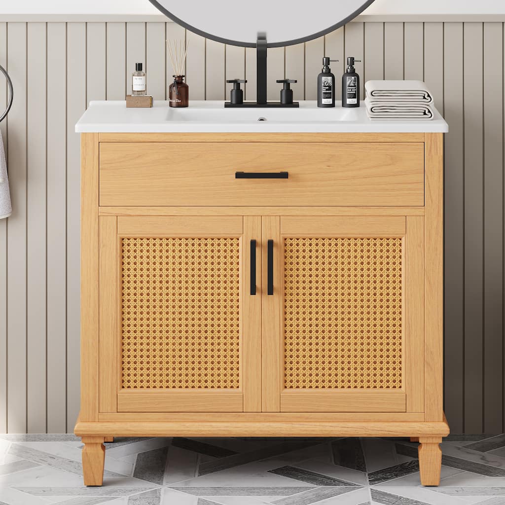 36 Inch Rattan Door Bathroom Vanity with Ceramic Sink Combo