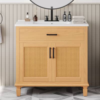 Rattan Bathroom Vanity with Ceramic Sink, Freestanding Bathroom Storage Cabinet, Bathroom Vanities with Double Door & 3 Drawers