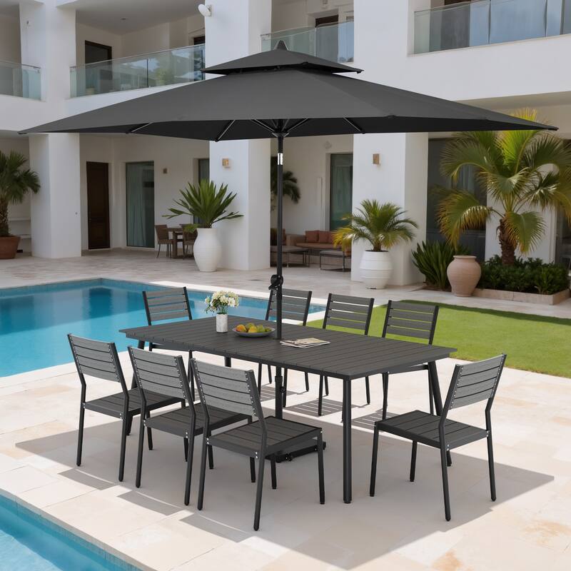 11PC Outdoor Patio Dining Set Wood-Like Aluminum Table with Stackable Chairs,Double Top Market Umbrella and Wheel Base - GreyTable&GreyChairs&BlackUmbrella