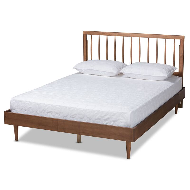 Mid-Century Modern Platform Bed - Ash Walnut Wood Full Size Bed Frame - Low Profile Bedroom Furniture