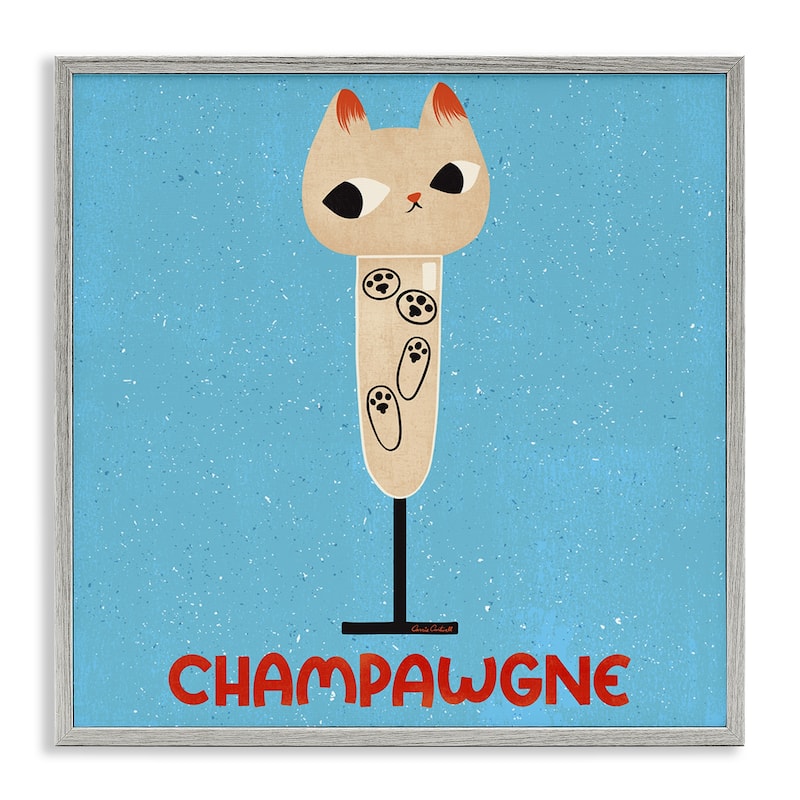 Stupell Champawgne Feline Wine Framed Giclee Art Design By Carrie Cantwell - 24 x 24 - Grey