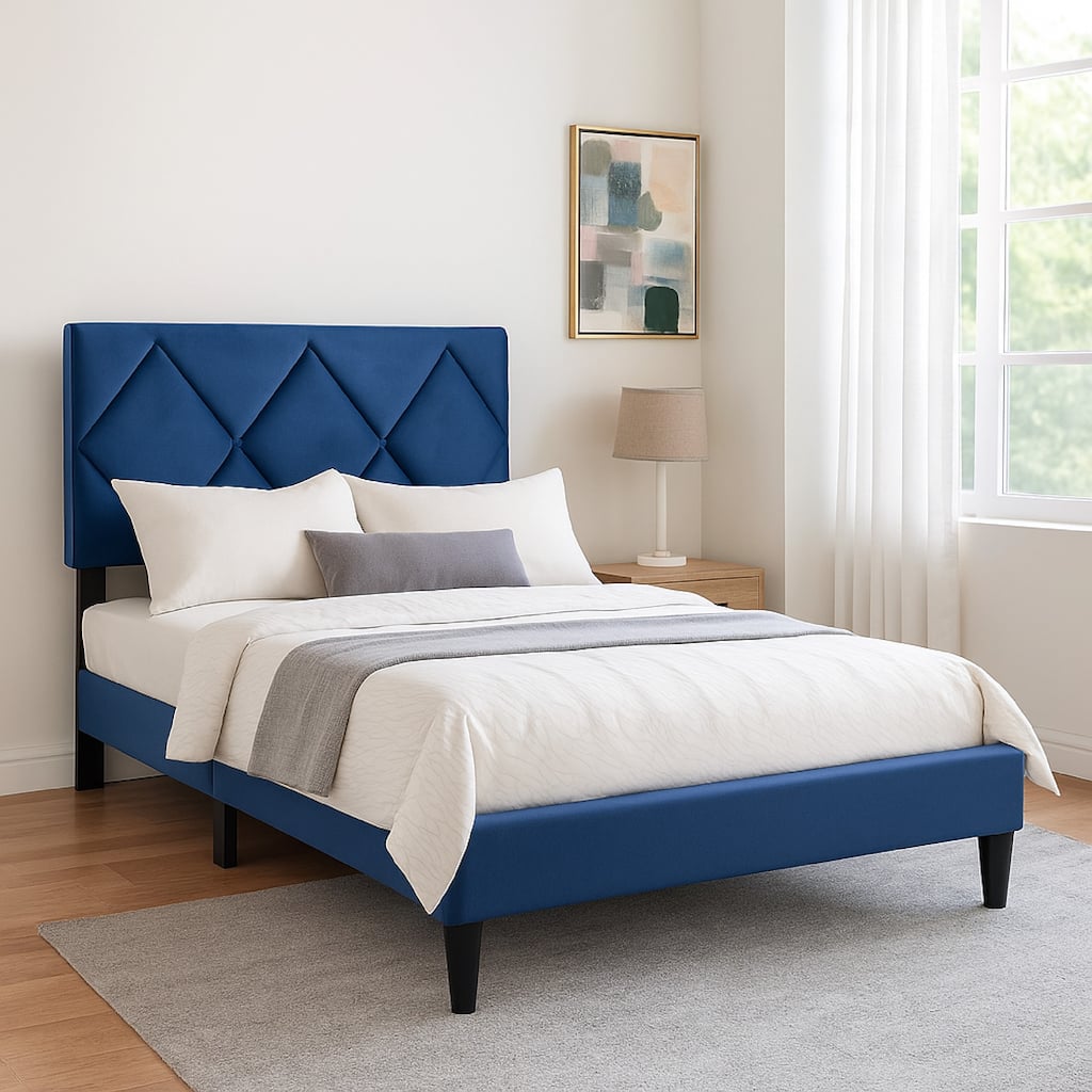Lilian Full Bed, Tufted Navy Blue Velvet Upholstery, Diamond Stitch