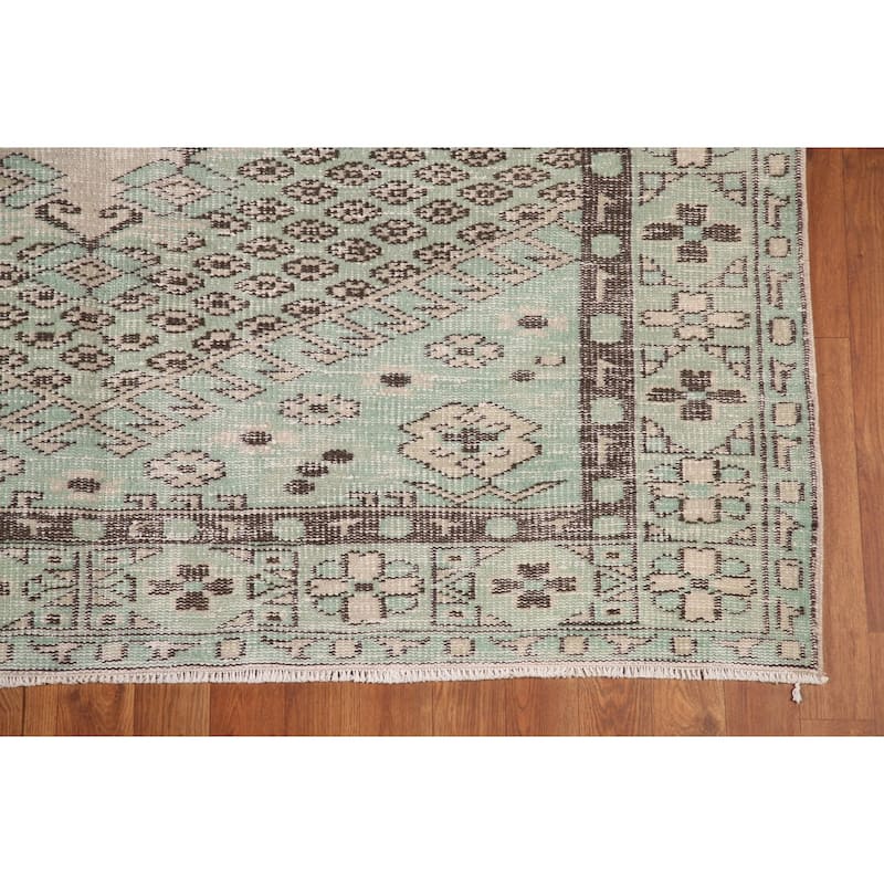 Distressed Anatolian Turkish Rug Hand-Knotted Green Wool Carpet - 5'7" x 9'1"