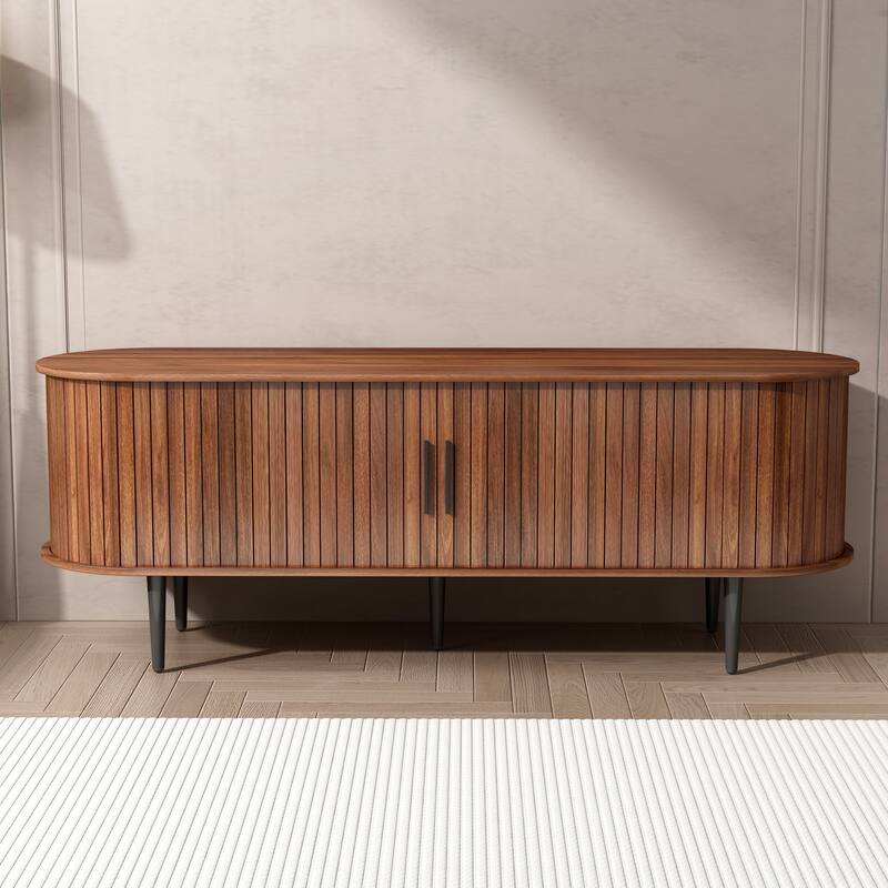 Modern TV Stand with Sliding Door, Wood Media Console Table with Fluted Design, Entertainment Center with Storage Cabinet
