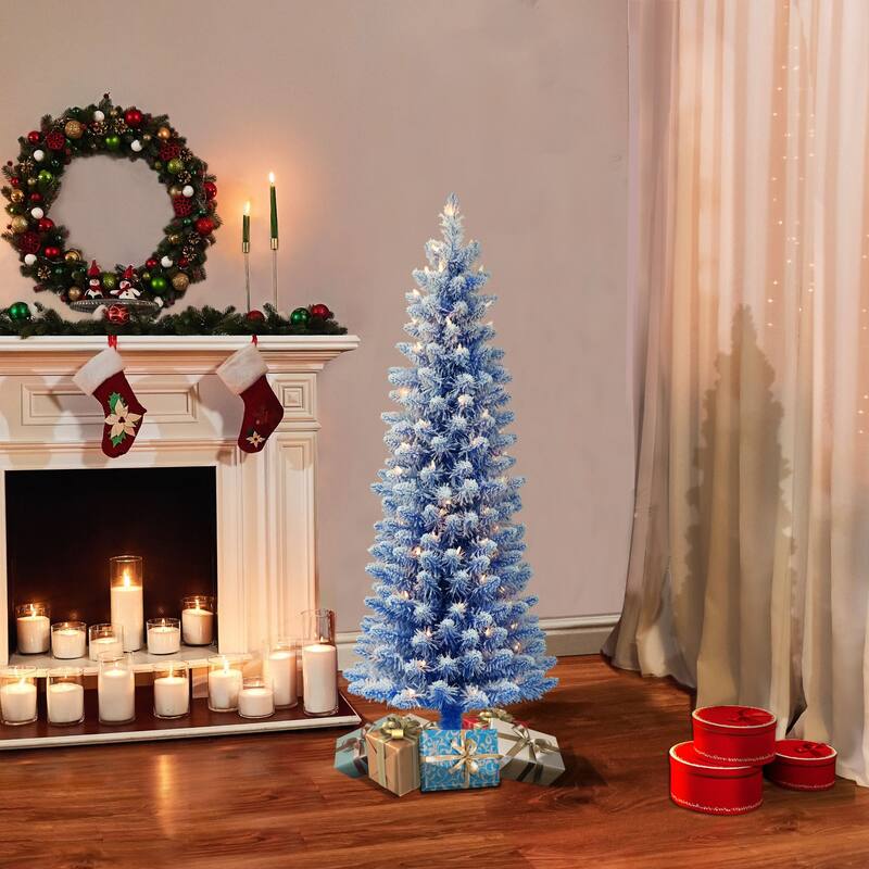 4.5' Pencil Flocked Blue Artificial Christmas Tree, Clear Lights - 4.5 Foot