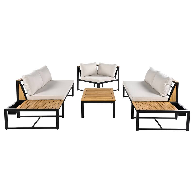 4-Piece Outdoor Sofa Set with Waterproof Cushions, Iron & Acacia Wood Frame, Coffee Table & Pillows Included