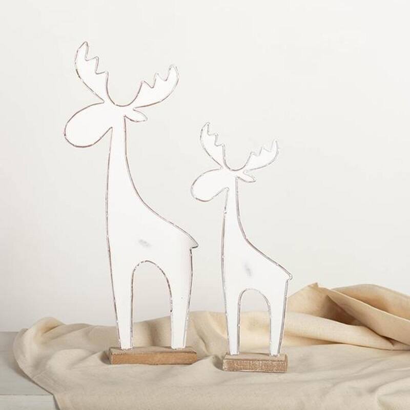 Set Of 2 White Metal Reindeer On Wooden Base Decoration