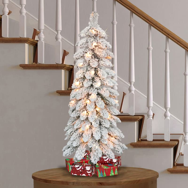 Puleo International Pre-Lit 3' Flocked Pencil Alpine Artificial Christmas Tree - Green