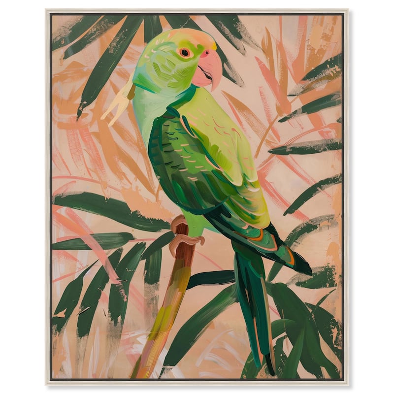 Coral and Green Parrot Canvas by Art Remedy - 20" x 24" - Silver
