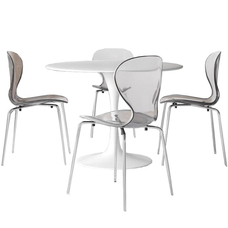 5-Piece Dining Set with 35-Inch Round Dining Table in White and 4 Side Chairs with Chrome Legs - Clear