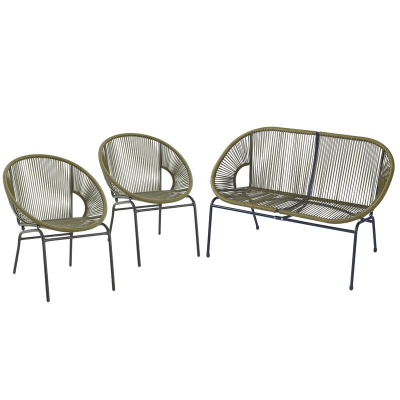 Roomfitters Nusa Outdoor Chat Set 3 Piece Handwoven Faux Wicker Iron Frame - 3 Piece Set - Green