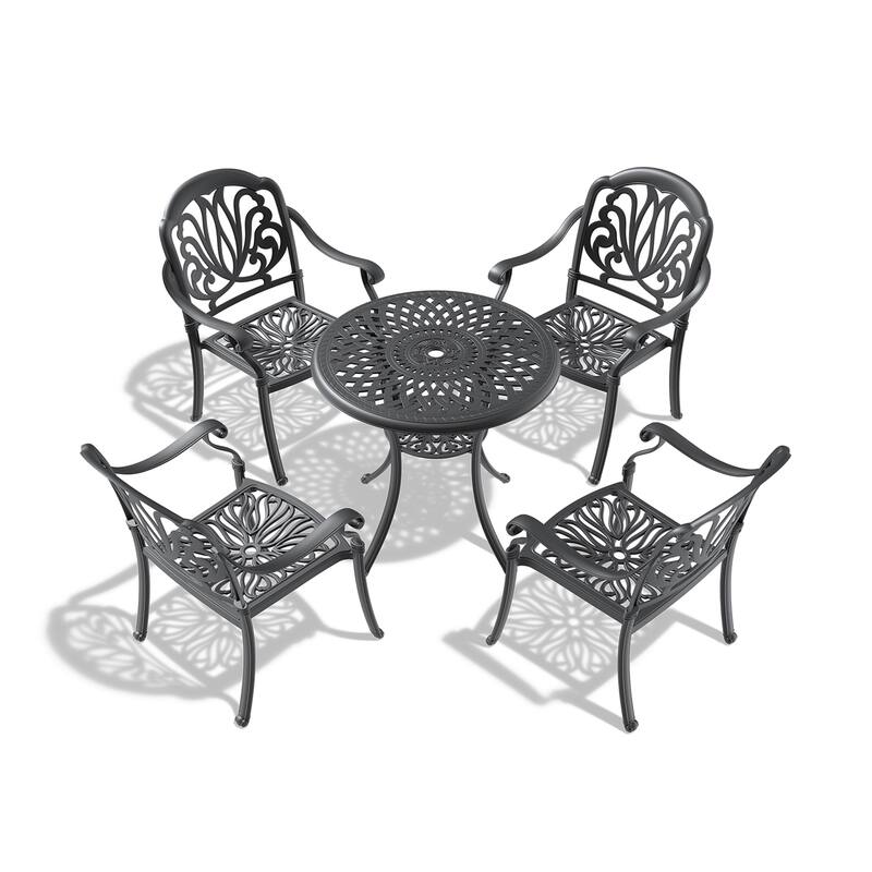 3/5-Piece Cast Aluminum Outdoor Dining Set with 30.71 in. Round Table and Random Color Cushions